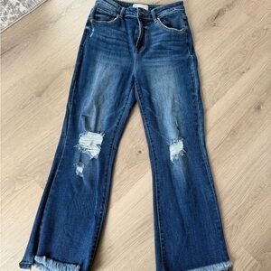 Risen. Blue Flare Wide Leg Jeans with Distressed Details